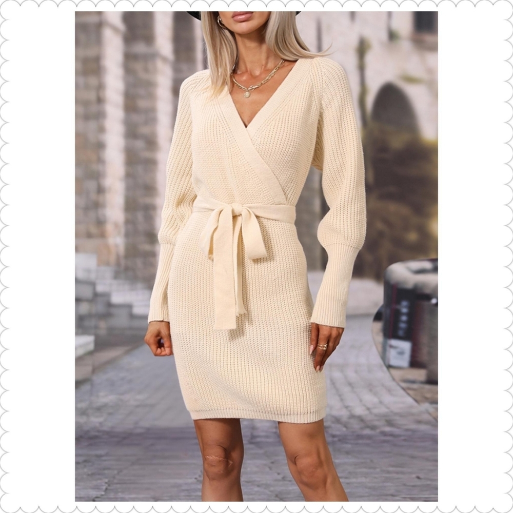 Cream Tie Waist Sweater Dress